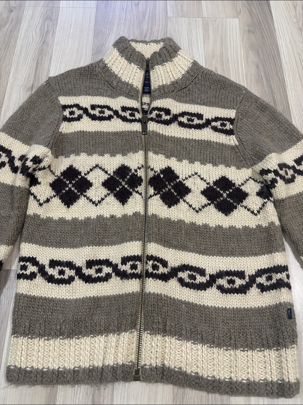 American Eagle Outfitters Wool Alpaca Gray & Cream Patterned Zip-Up Sweater Sz M - Picture 4 of 13